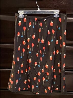 Joan Leslie Black A-Line Midi Skirt with Red and Blue Tulip Print Size Lg (W 15)